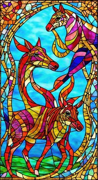 a stained glass picture of two horses in a circle, generative AI.