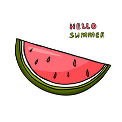 Trendy single element of cute cartoon watermelon slice and text in doodle style. Element for print, postcard, design menu, textile, poster, textile or advertising. Vector illustration EPS10. 