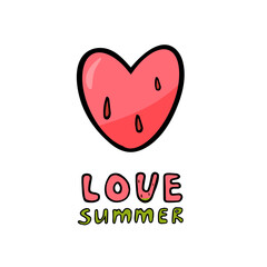Colorful single element of cute cartoon watermelon heart  and text in doodle style. Element for print, postcard, design menu, textile, poster, textile or advertising. Vector illustration EPS10. 