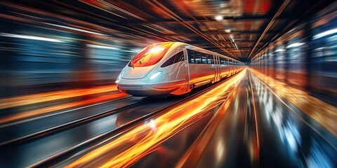 AI Generated. AI Generative. High speed train move motion on railway locomotive passenger. Adventure business vibe. Graphic Art - obrazy, fototapety, plakaty
