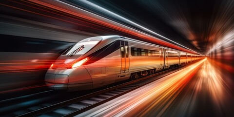 Obraz na płótnie Canvas AI Generated. AI Generative. High speed train move motion on railway locomotive passenger. Adventure business vibe. Graphic Art