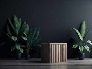 3D wooden podium  for displaying products for exhibitions or product presentations or packaging with a forest in the background.