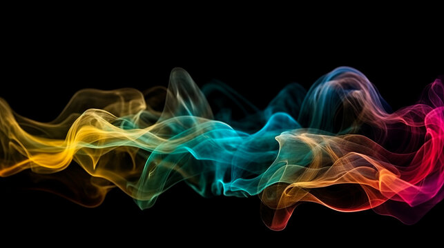 A mesmerizing image of swirling smoke in vibrant neon colors of pink, blue, and yellow, creating an abstract and psychedelic visual experience.
