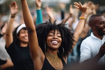music, celebration and concert with black woman in crowd for party, relax or happy to rock, created with generative ai