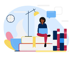 Black girl with a laptop sitting on stack of books. Education and personal growth. Concept of getting knowledge online. Knowledge day. September 1. International Student Day. November 17. 