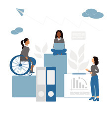 Inclusive office concept. Social diversity in the work team. Female office worker in a wheelchair. Equality, diversity and inclusion. Flat vector illustration. 