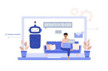 Man or boy using chat bot for working. Virtual assistant and FAQ concept. AI technology concept.  Character talking to chatbot. Modern flat vector illustration.