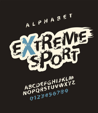Extreme sport lettering with spots in grunge style. Splash Alphabet, vector set of abstract alphabet letters and numbers on a light background. Creative font for headline, poster, label, logo