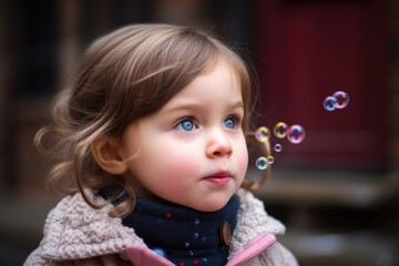 portrait of a little girl blowing bubbles outside, created with generative ai