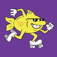 Funny cartoon shark on roller skater and wearing glasses. Vintage product mascot design. Vector
