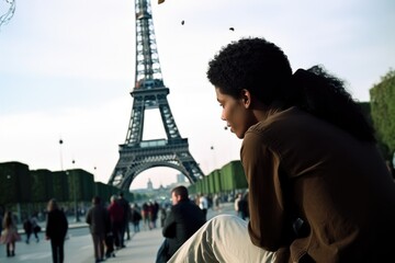 Fototapeta na wymiar shot of a young woman and man sitting in front of the eiffel tower, created with generative ai