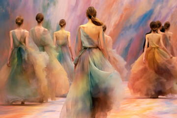 Fototapeta na wymiar The fashion models completed the fashion show and left the runway in lightweight tulle dresses. Watercolor style, in delicate pastel colors, Generative AI illustration.