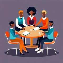 A group of diverse individuals sitting in a circle having a meeting. (AI-generated fictional illustration)

