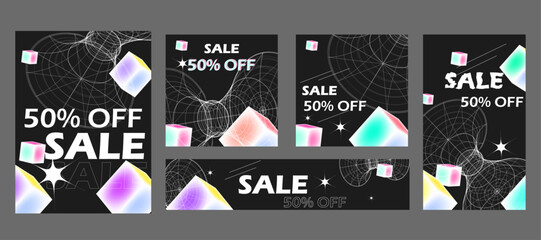 set of brutalism style sale templates with strange geometric shapes