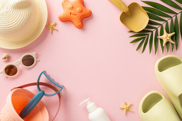 Peaceful summer retreat with children admiring with this top view snapshot, showcasing marine shells, beach toys, panama, flip-flops and sunglasses on pink backdrop with empty frame for text or advert