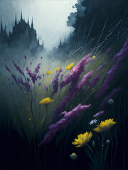 Fototapeta na wymiar Meadow with wild flowers watercolor paint. AI generated illustration