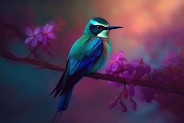 Beautiful small bird perched on a branch with pink flowers. Generative AI