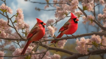 Two charming birds standing on cherry blossom tree branch together. Generative AI