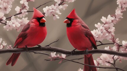 Two charming birds standing on cherry blossom tree branch together. Generative AI