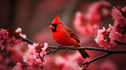 Charming bird standing on cherry blossom tree branch. Spring time. Generative AI