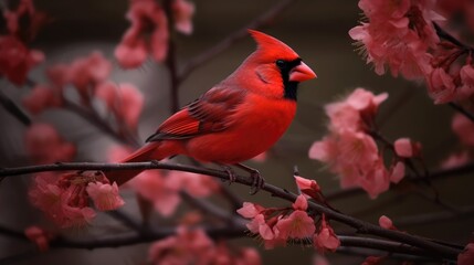 Charming bird standing on cherry blossom tree branch. Spring time. Generative AI