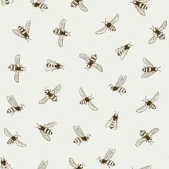 Bees flying vector seamless pattern.