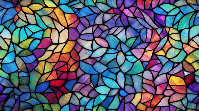 Seamless pattern background of colorful stained glass windows with vibrant color palette