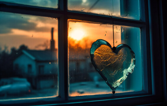 a heart on a window at sunset