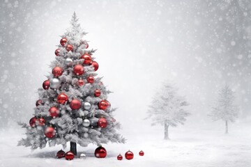Obraz premium a christmas tree with white snow and decorations, with red and silver balls. Merry Christmas and Happy Holidays greeting card, frame, banner. New Year. Winter xmas holiday theme