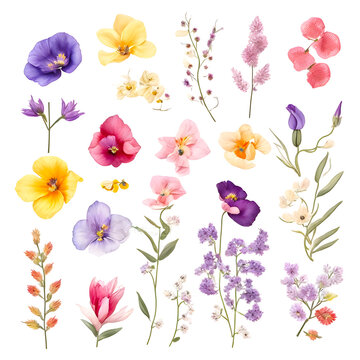 Minimalist elements for watercolour flowers set on transparent background,generative ai