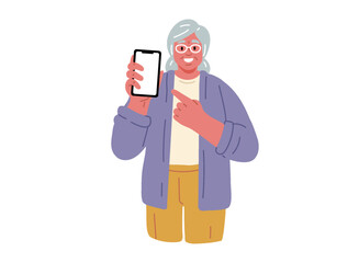 Senior woman holding mobile phone and smile.Vector Illustration