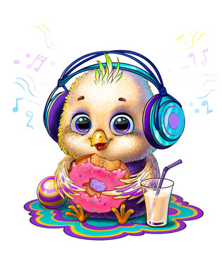small bird in headphones, sitting, isolated on a white background