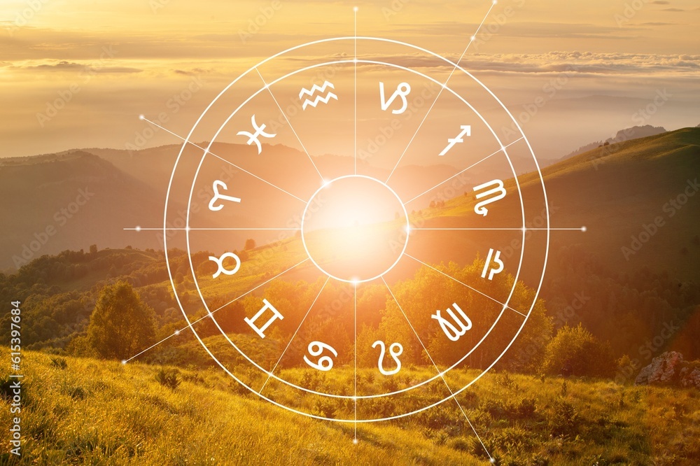 Wall mural Zodiac signs big horoscope circle on landscape