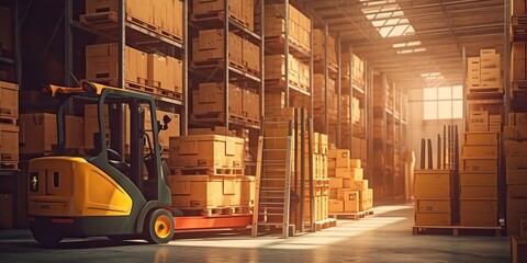 AI Generated. AI Generative. Photo illustration of inside modern warehouse with forlifts. Shipping storage transportation cargo center. Graphic Art