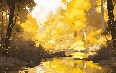 Tuinposter Monochromatic yellow landscape with forest and river. Generative AI technology. © Aleksandr