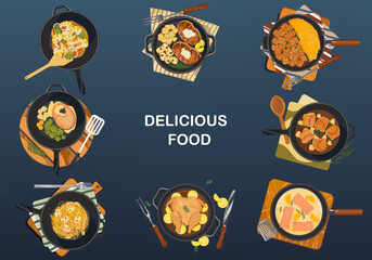 Delicious savory set Colorful isolated vector illustration. View from above.