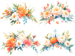 Set of watercolor floral elements - collection of botanical flowers bouquet with leaves and branches. Perfect for Wedding stationary, greetings, wallpapers, fashion, background. Generative AI