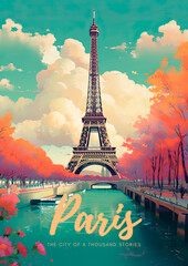 Paris, Eiffel Tower, and the Seine River. A retro-style poster with a colorful illustration of the Eiffel Tower, generative AI