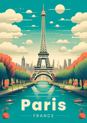 Paris, Eiffel Tower, and the Seine River. A retro-style poster with a colorful illustration of the Eiffel Tower, generative AI