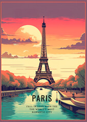 Paris, Eiffel Tower, and the Seine River. A retro-style poster with a colorful illustration of the Eiffel Tower, generative AI - obrazy, fototapety, plakaty