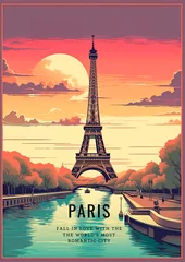 Fotobehang Paris, Eiffel Tower, and the Seine River. A retro-style poster with a colorful illustration of the Eiffel Tower, generative AI © natalyamatveeva