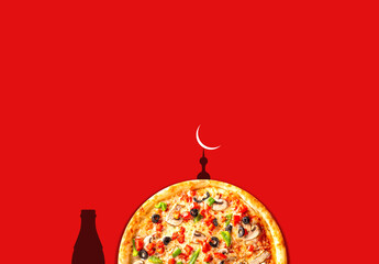 Eid Mubarak concept for restaurants or pizza brands. Pizza and soft drink bottle. Traditional...
