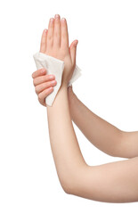 Woman wiping hands with paper towel on white background, closeup