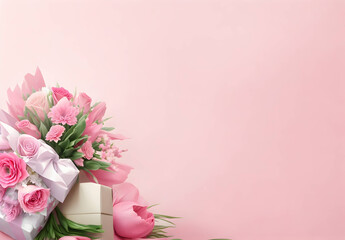 element for Valentine's Day or Mother's Day greeting card, illustration of celebrations on special days with present and flowers in the corner created with generative ai