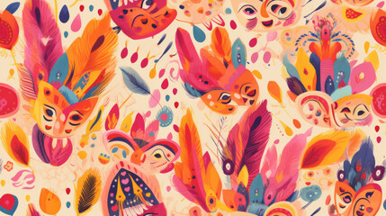 Seamless pattern background inspired by the vibrant and lively aesthetics of carnival celebrations with masks confetti and festivity
