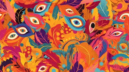 Poster Seamless pattern background inspired by the vibrant and lively aesthetics of carnival celebrations with masks confetti and festivity © Keitma