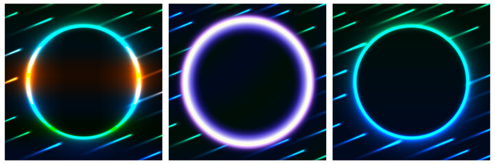 Set of Neon Glowing Rings with light beams on dark background. Vector Illustration. EPS 10.