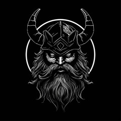 Viking in a helmet with wings and a long double axe, with a severed head in the other hand, stands sparkling with his eyes. illustration.