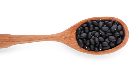 Wooden spoon with raw kidney beans isolated on white, top view