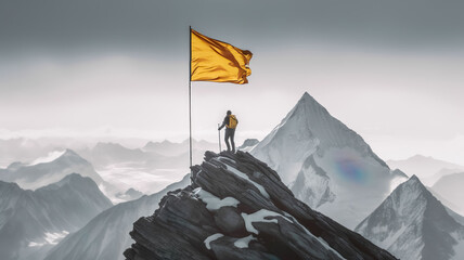 Goal to success or human performance with person climbing and  raising flag on everest mountain peak.inspiration and motivation.generative ai technology - obrazy, fototapety, plakaty